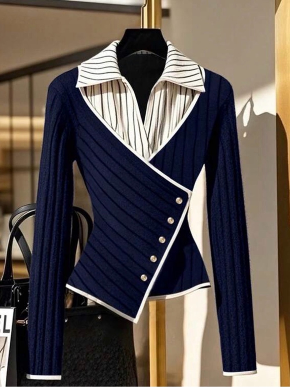 Navy Wrap Ribbed Knit Top with Striped Collar